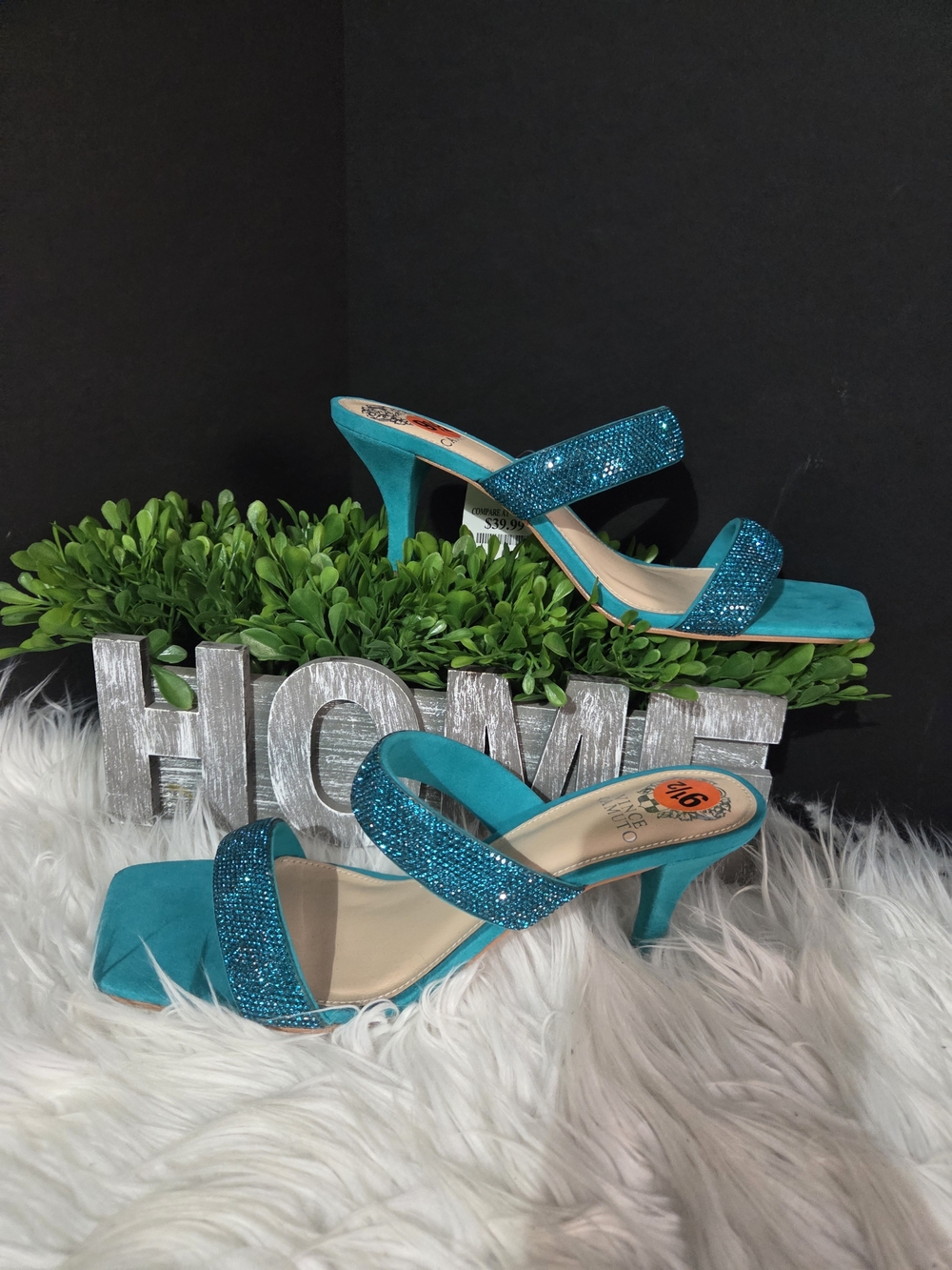 NWT Vince Camuto Aslee Teal  Two-Strap Rhinestone Square Heel Sandals. Size 9.5